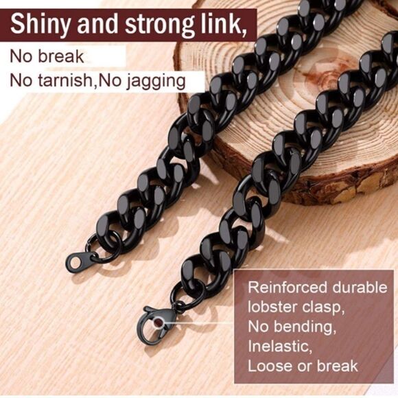 NEW Men’s 12MM  Cuban/Curb Black Stainless Necklace Thick Black Chain Necklace - Picture 6 of 7